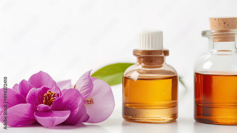 aromatherapy on white background with empty copy space, bottles with essential oils for perfumes aromatherapy on white background with empty copy space, bottles with essential oils for perfumes