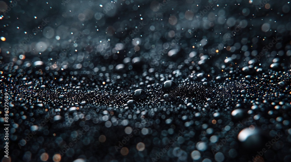 A cluster of water droplets on a dark background, with a hazy depiction of the water droplets on the surface A cluster of water droplets on a dark background, with a hazy depiction of the water droplets on the surface