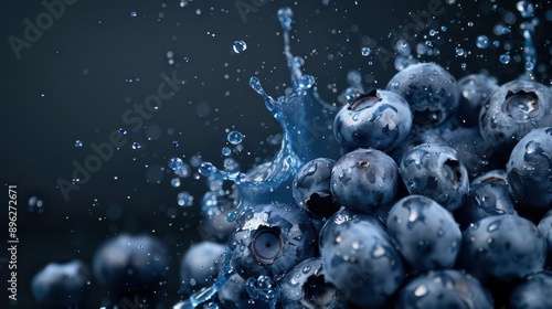 A blueberry explosion with ripe berries and splashes bursting outward, banner, with copy space