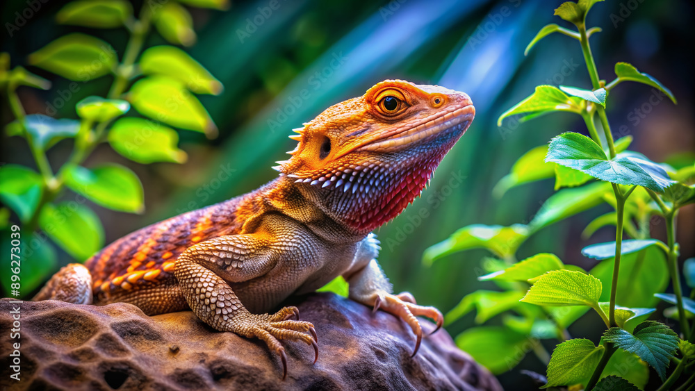 A colorful bearded dragon lizard perches on a rock, surrounded by lush green leaves and vines, with a subtle blurred background effect. A colorful bearded dragon lizard perches on a rock, surrounded by lush green leaves and vines, with a subtle blurred background effect.