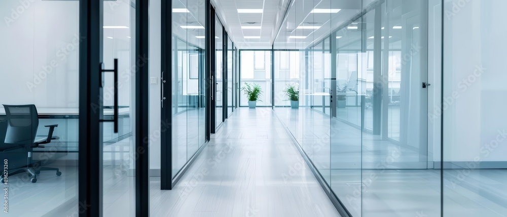 A contemporary office featuring a collaborative area with glass partitions, banner, with copy space A contemporary office featuring a collaborative area with glass partitions, banner, with copy space