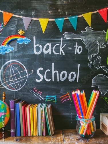 A vibrant back-to-school themed chalkboard with colorful drawings, books, and a jar of pencils, ready to inspire young minds for a new academic year.