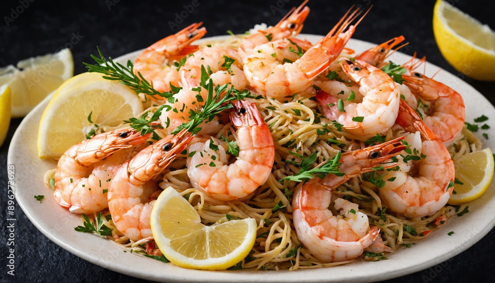 A plate of cooked shrimp is garnished with lemon wedges and sprigs of rosemary and parsley. A plate of cooked shrimp is garnished with lemon wedges and sprigs of rosemary and parsley.