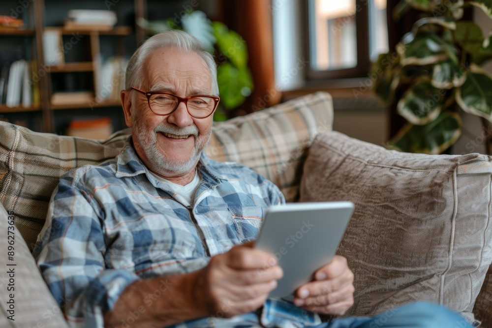 Elderly man enjoying technology with digital tablet, connectivity in retirement. Elderly man enjoying technology with digital tablet, connectivity in retirement.