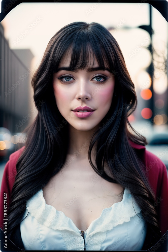 A young woman with long, black hair and bangs looks directly at the camera. She wears a red jacket and a white shirt, and is standing in front of a blurred urban background. A young woman with long, black hair and bangs looks directly at the camera. She wears a red jacket and a white shirt, and is standing in front of a blurred urban background.