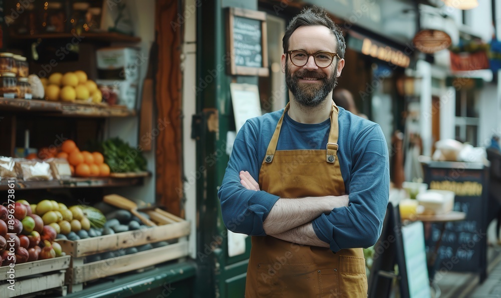 Small business owner in apron, standing outside shop. Small business owner in apron, standing outside shop.