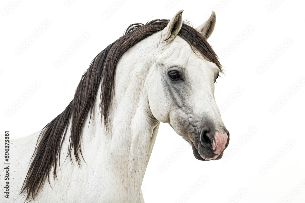Obraz premium Close-up Portrait of a White Horse with Dark Mane and Tail