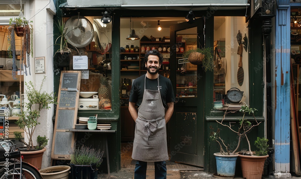 Small business owner in apron, standing outside shop. Small business owner in apron, standing outside shop.