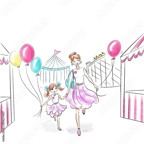 Illustration of mother and daughter at a carnival. Mom and me. 