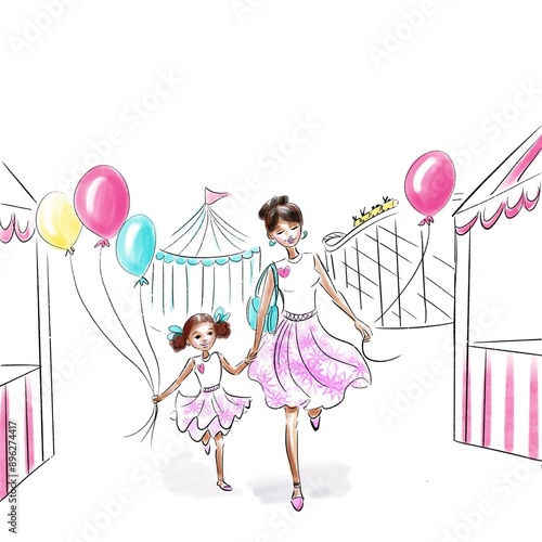 Illustration of. I’m and daughter at a carnival 