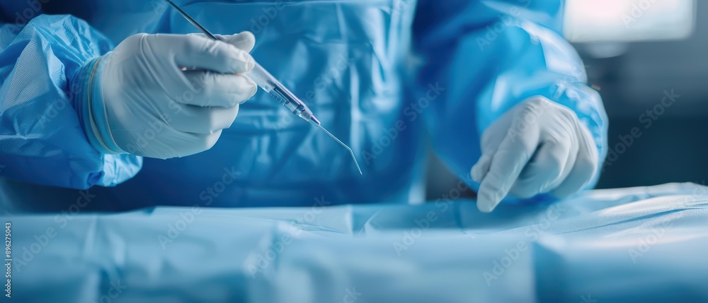 A minimally invasive procedure in progress with specialized instruments, banner, with copy space A minimally invasive procedure in progress with specialized instruments, banner, with copy space