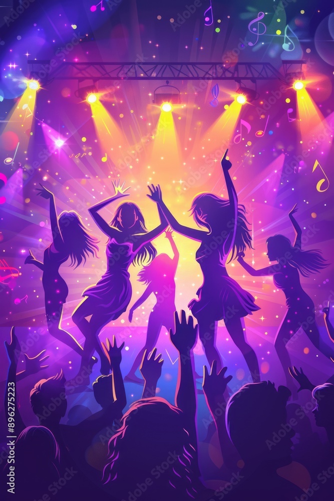 custom made wallpaper toronto digitalEnergetic silhouettes of people dancing at a lively concert with vibrant lighting effects and musical notes illuminating the background, capturing a dynamic nightlife scene.