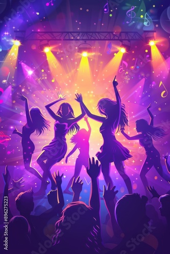 Wallpaper Mural Energetic silhouettes of people dancing at a lively concert with vibrant lighting effects and musical notes illuminating the background, capturing a dynamic nightlife scene. Torontodigital.ca