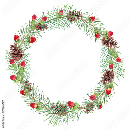 Wallpaper Mural Decorated wreath with pinecones and red berries. Lush green pine branches and vibrant St Johns wort herb. Watercolor illustration. Copy space for text. For festive ambiance, Xmas greeting card, decor Torontodigital.ca