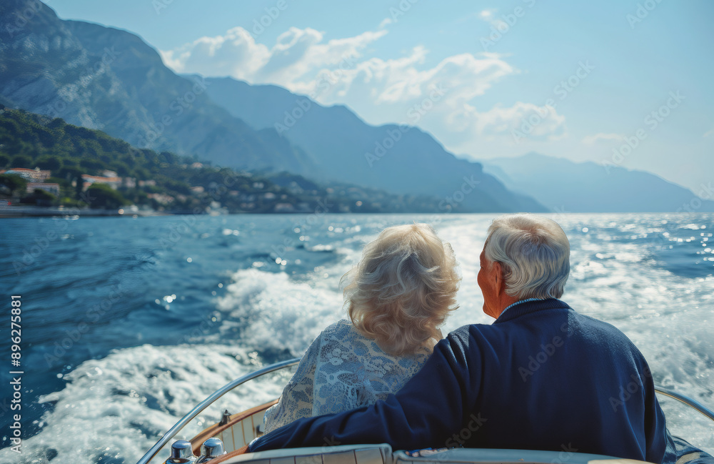 Fototapeta premium Explore dreams. A happy senior couple sitting on the side of a sail boat on a calm blue sea. Man hugging his woman while enjoying view