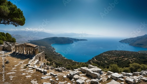 Ancient Greek ruins against the sea and under a clear sky.