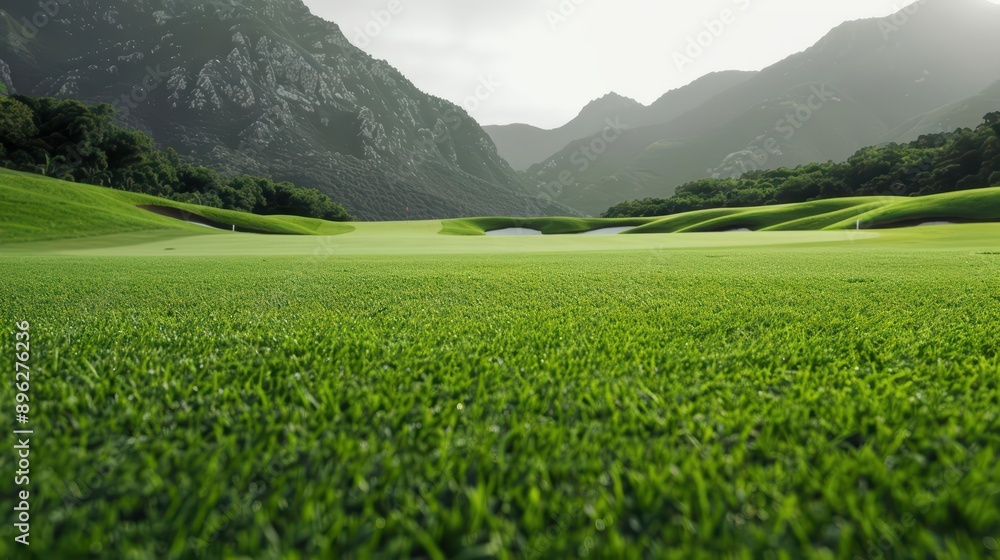 Fototapeta premium A scenic golf stadium with pristine greens and focused players, banner, with copy space