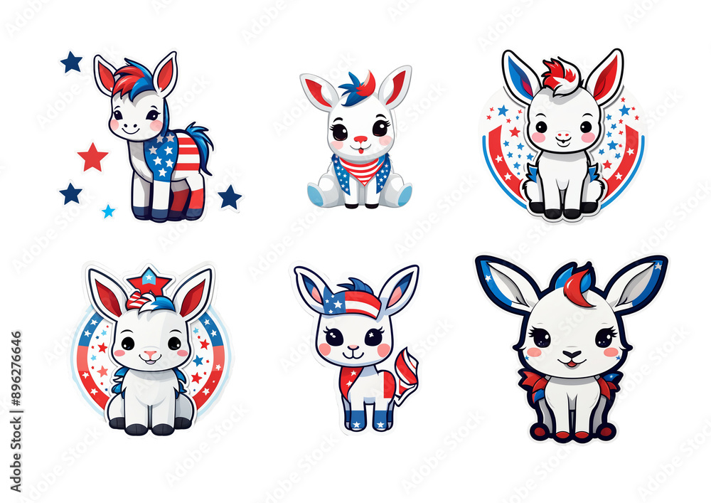 6 Cute Kawaii Dokeys in Chibi Style, Sticker bundle, Patriotic Red and Blue USA Theme, transparent background, A4 Printable 6 Cute Kawaii Dokeys in Chibi Style, Sticker bundle, Patriotic Red and Blue USA Theme, transparent background, A4 Printable