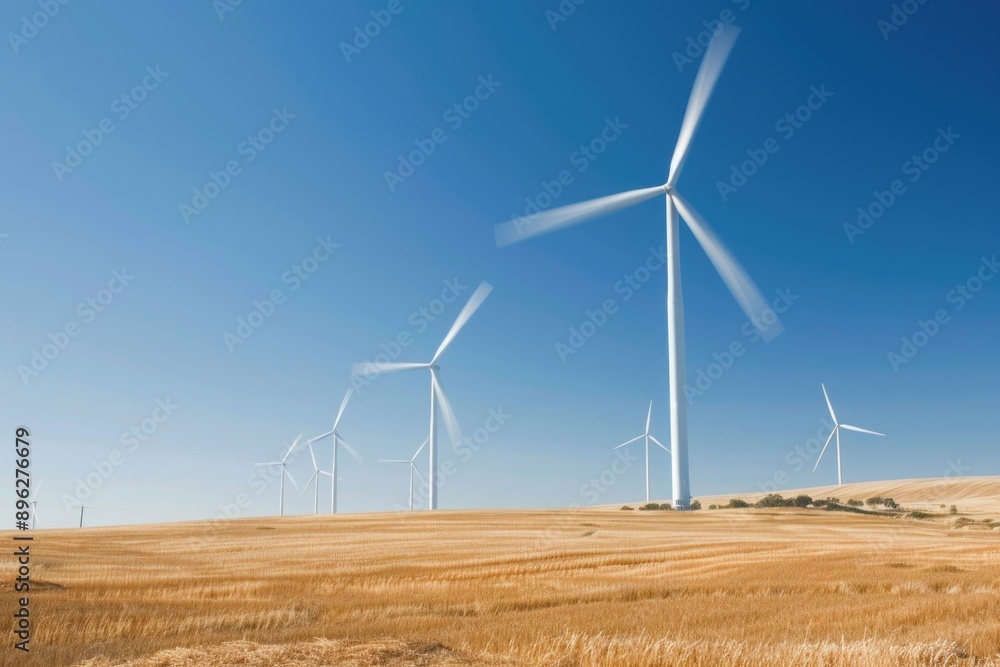 A group of wind turbines majestically turning in a field, symbolizing sustainable energy production and the future of technology A group of wind turbines majestically turning in a field, symbolizing sustainable energy production and the future of technology