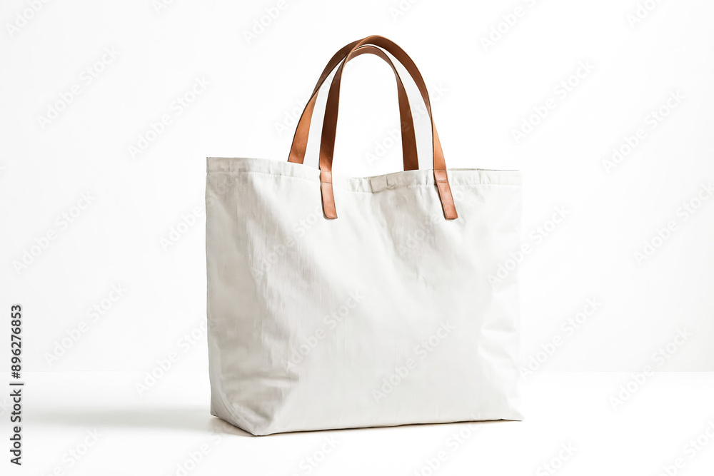 White Canvas Tote Bag with Brown Leather Handles White Canvas Tote Bag with Brown Leather Handles