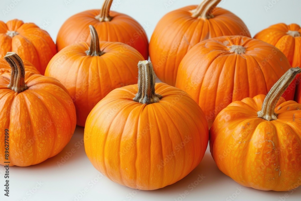 A row of orange pumpkins are lined up on a white background A row of orange pumpkins are lined up on a white background