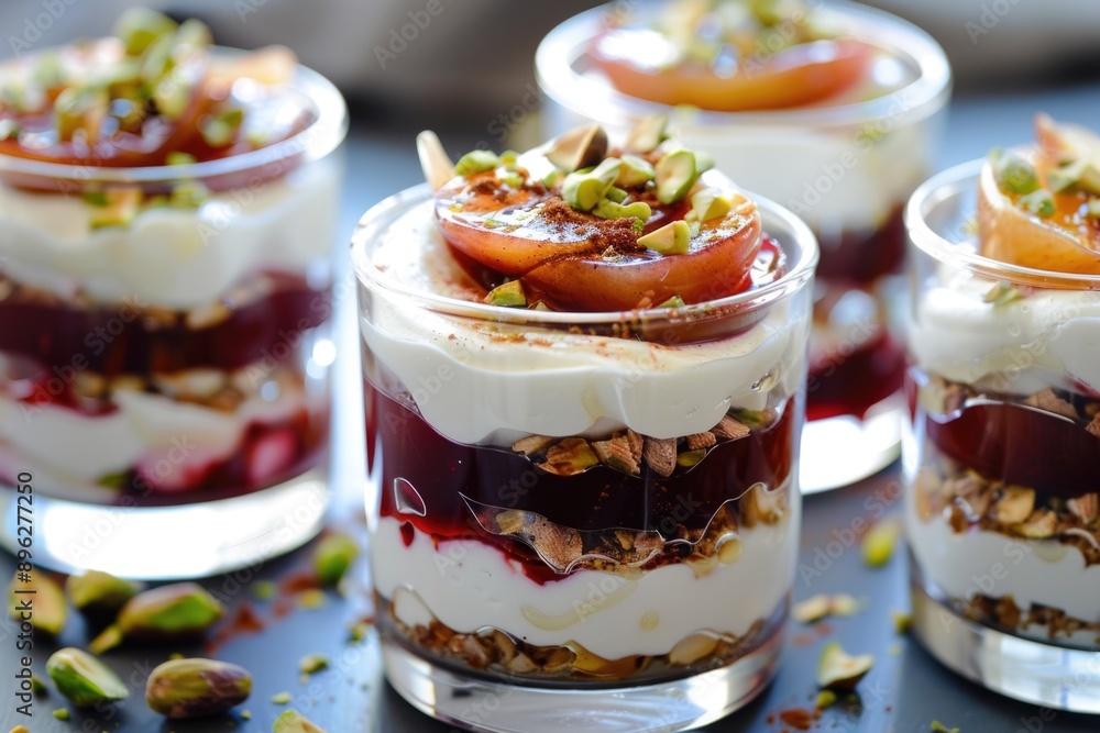 A group of desserts in glass cups with nuts on top