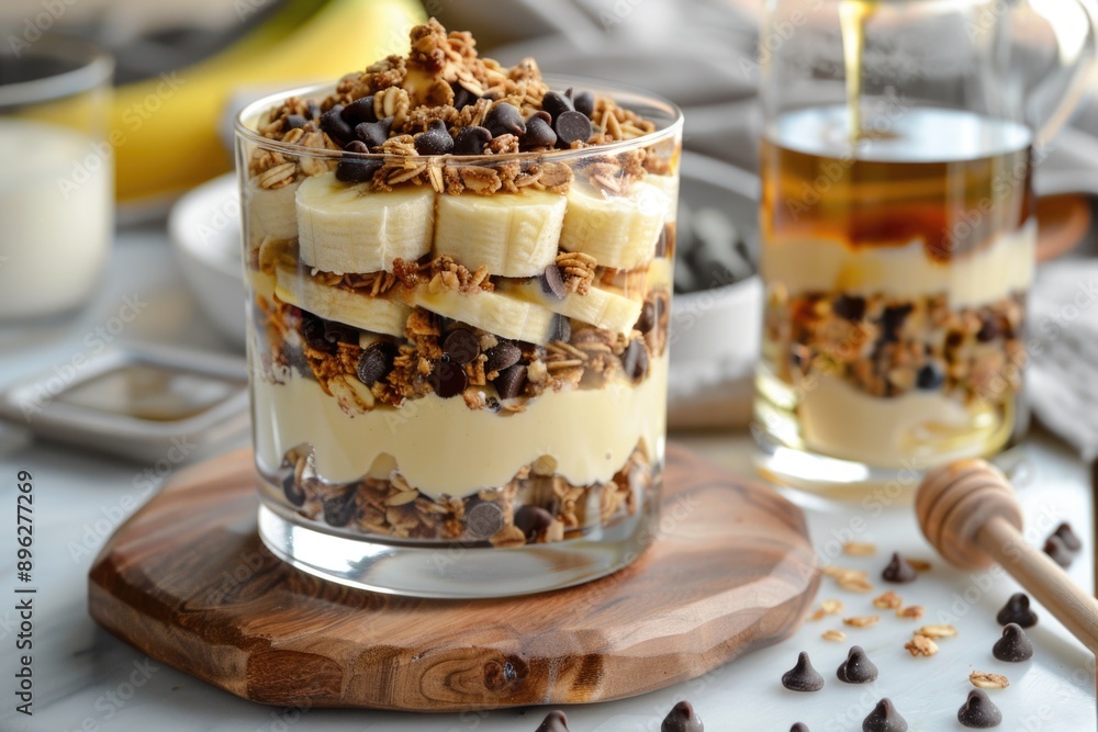 A glass bowl filled with a banana and chocolate chip granola dessert A glass bowl filled with a banana and chocolate chip granola dessert