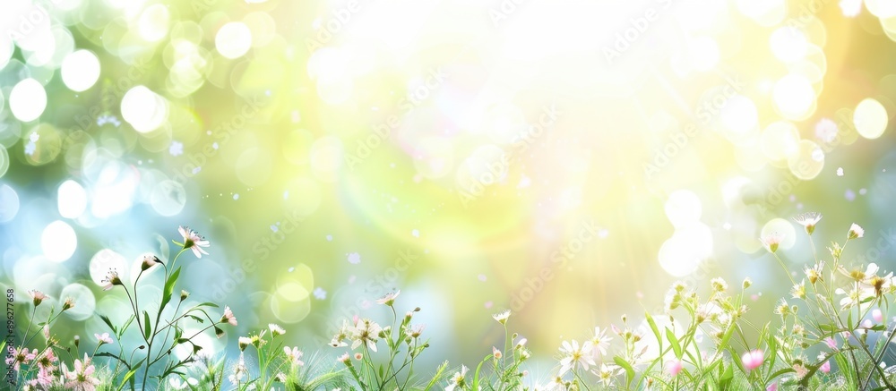 Spring background with blurred grass and flowers, sunlight and bokeh on the edges, banner format, copy space Generative AI Spring background with blurred grass and flowers, sunlight and bokeh on the edges, banner format, copy space Generative AI
