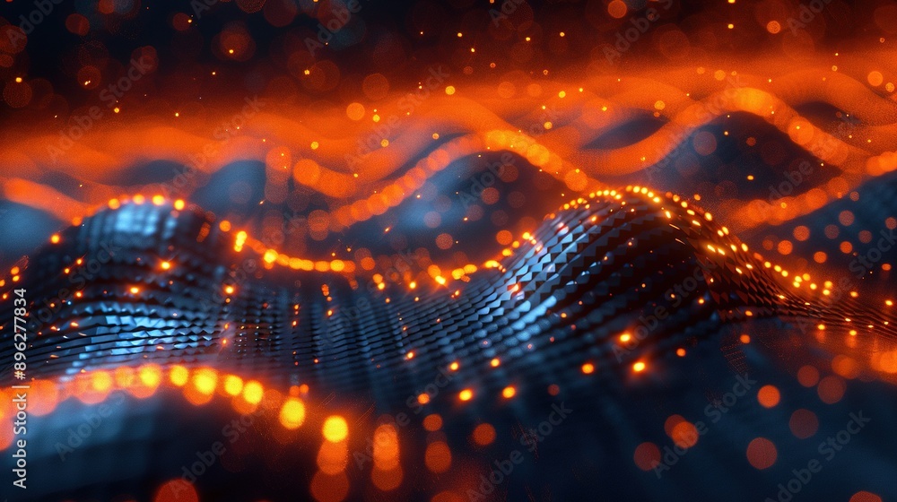 A high-quality image of a vibrant wave of orange and blue lights set against a dark background, featuring a subtle blur for added visual interest A high-quality image of a vibrant wave of orange and blue lights set against a dark background, featuring a subtle blur for added visual interest