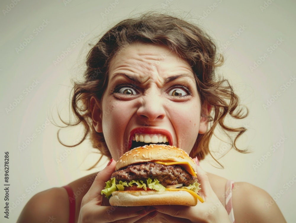 A woman is holding a large hamburger and has a surprised look on her face A woman is holding a large hamburger and has a surprised look on her face