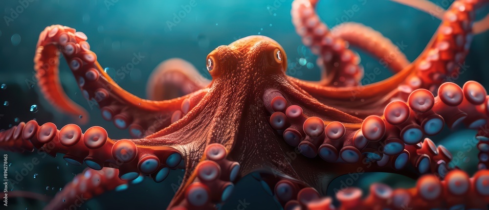 Obraz premium An octopus is depicted with glowing, outstretched tentacles in a mesmerizing underwater scene in an ultramodern, supernatural scene banner with copy space