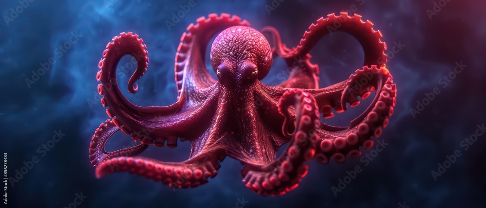An octopus is depicted with glowing, outstretched tentacles in a mesmerizing underwater scene in an ultramodern, supernatural scene banner with copy space An octopus is depicted with glowing, outstretched tentacles in a mesmerizing underwater scene in an ultramodern, supernatural scene banner with copy space