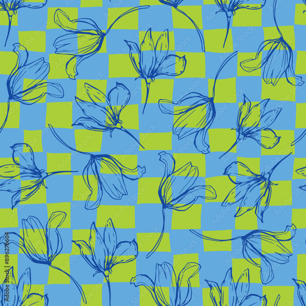 Fototapeta premium Grid floral seamless repeat pattern. Random placed, vector botany plants aop, all over surface print on green and blue check background.
