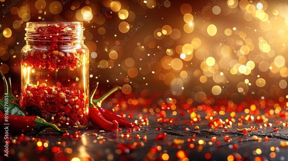 A jar filled with red peppers sits on a table with gold flakes nearby A jar filled with red peppers sits on a table with gold flakes nearby