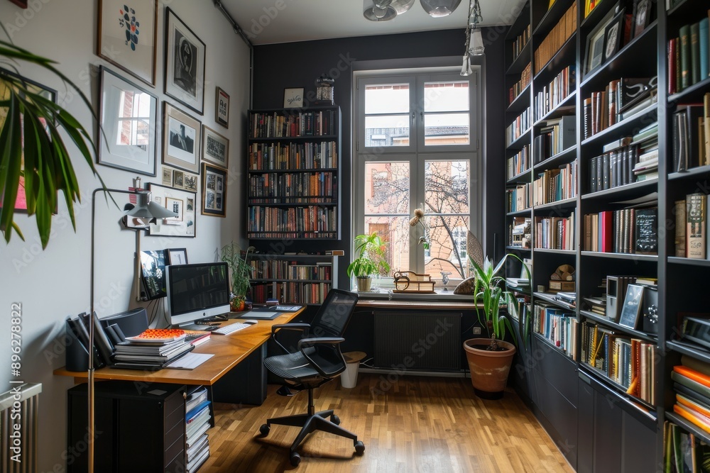 Modern office interior with bookshelves, computer and plants. Nobody inside Modern office interior with bookshelves, computer and plants. Nobody inside