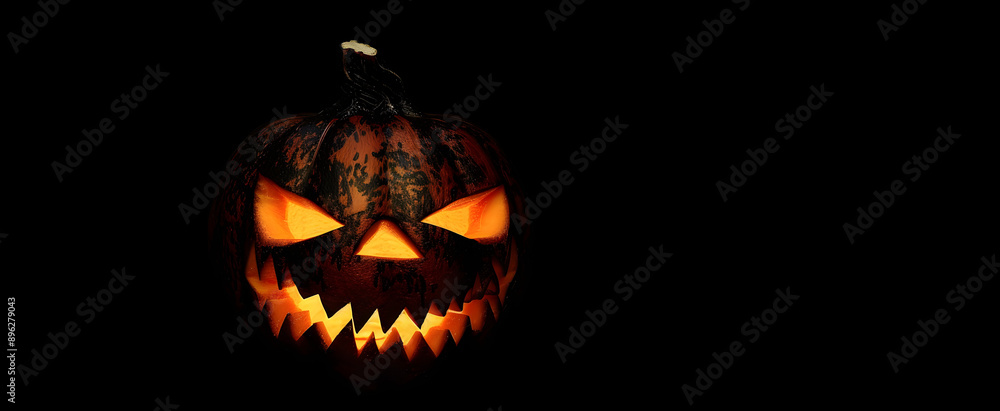 Fototapeta premium Halloween pumpkin with scary face on black background.