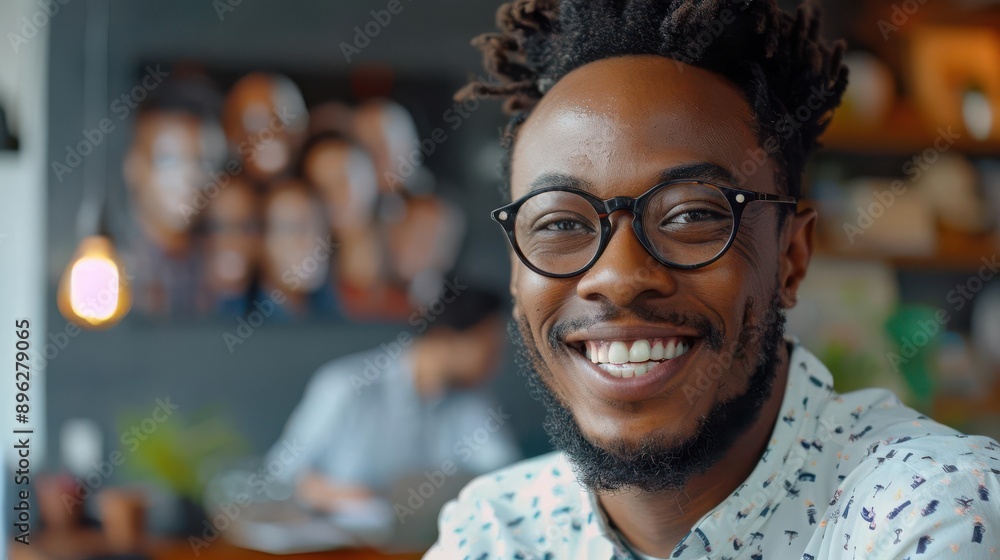 Obraz premium A businessman displaying fondness, smiling affectionately at a photo of his team in a modern office with a blank background, closeup shot, soft lighting, emotional portrait style