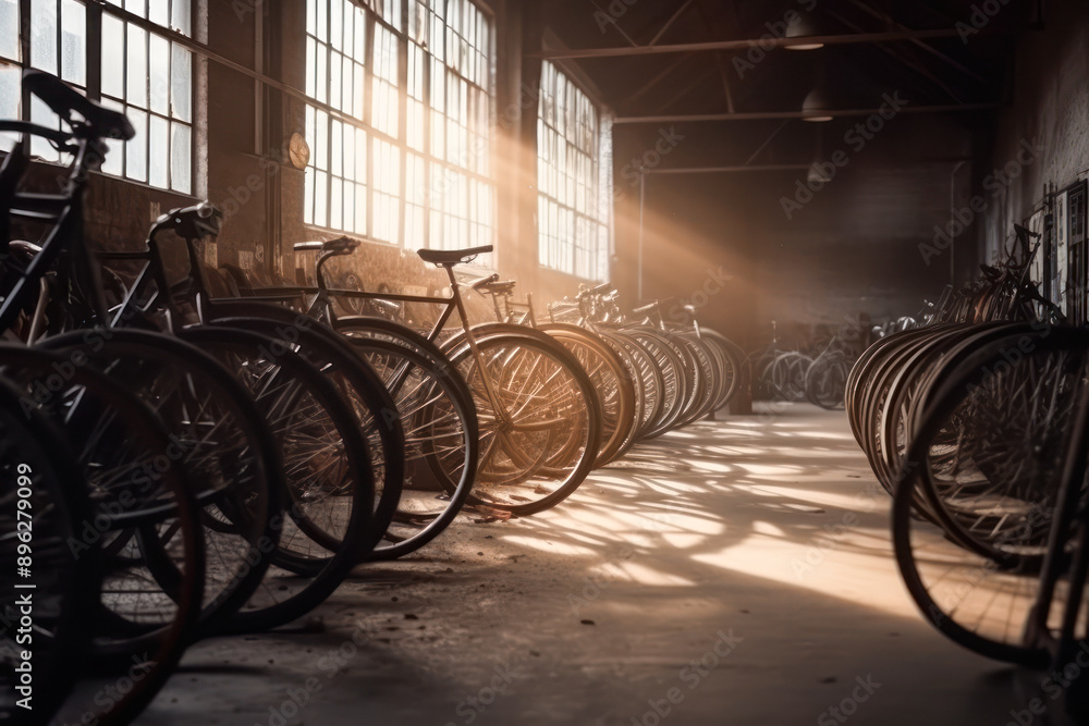 Row of bicycle wheels in a workshop Row of bicycle wheels in a workshop