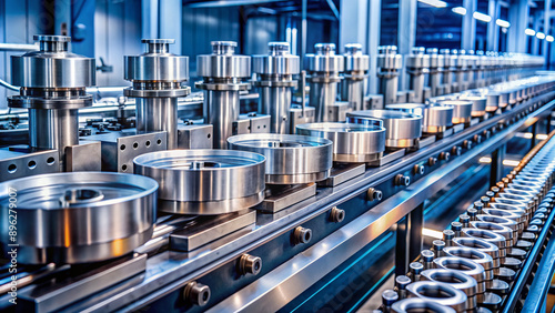 Rows of sleek machinery hum with rhythm, shiny metal components moving in harmony, conveying a sense of streamlined production and meticulous quality control in modern industry.