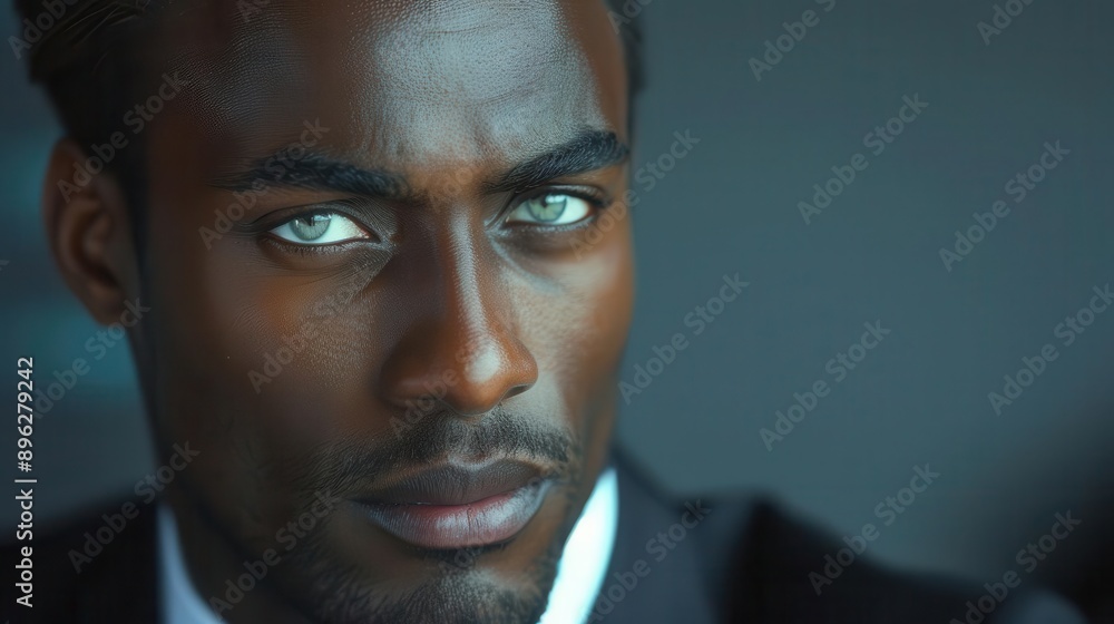 A businessman showing envy, glancing sideways at a colleague in a sleek office with a blank background, closeup shot, high contrast lighting, intense portrait style A businessman showing envy, glancing sideways at a colleague in a sleek office with a blank background, closeup shot, high contrast lighting, intense portrait style