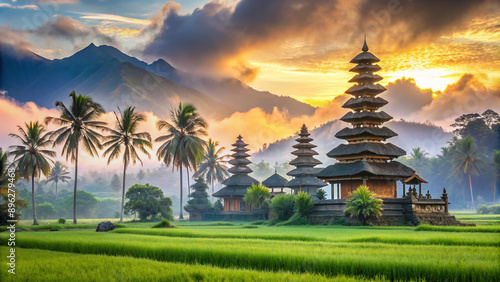 Wallpaper Mural Majestic Balinese temple surrounded by lush green rice fields and towering palm trees, set against the backdrop of stunning misty mountains at dawn. Torontodigital.ca