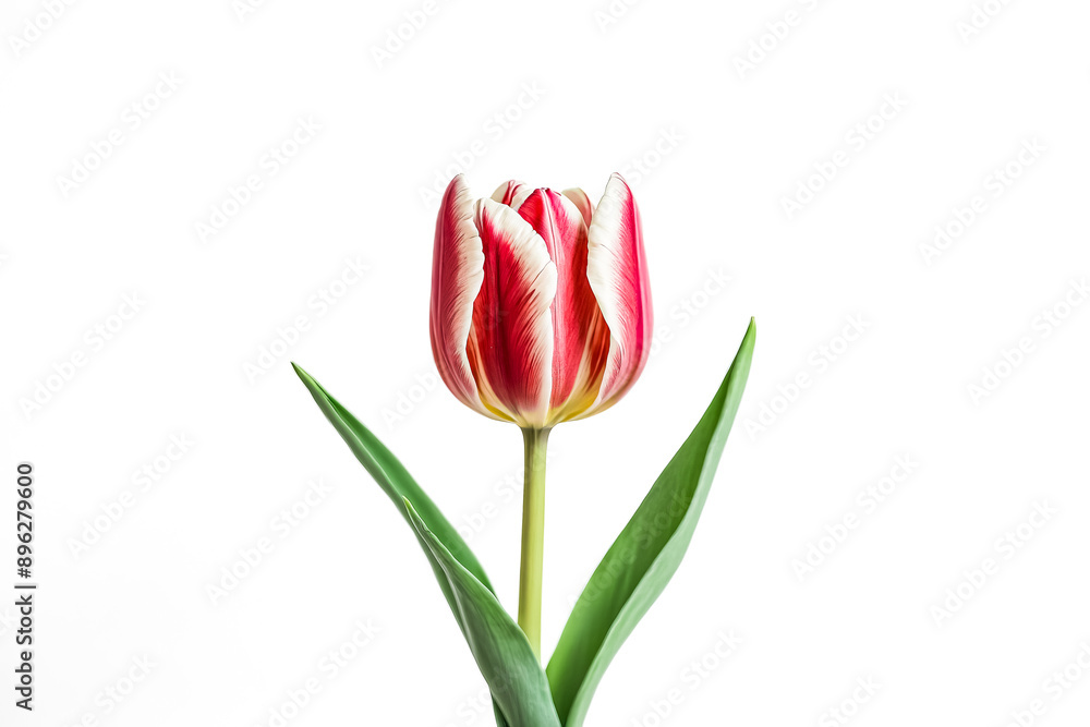 Fototapeta premium Single Red and White Tulip Flower on White Background