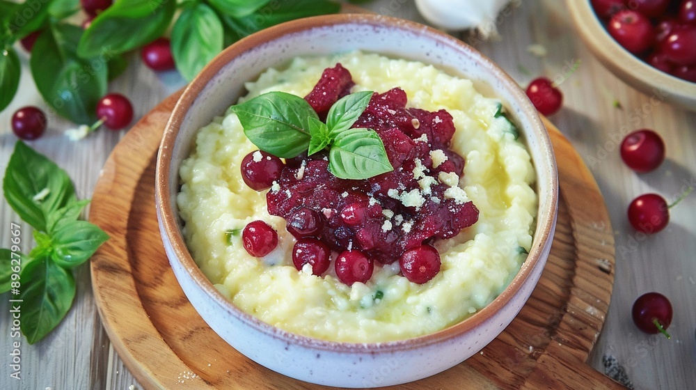 A bowl of mashed potatoes topped with cherries, sprinkled with parmesan cheese and basil A bowl of mashed potatoes topped with cherries, sprinkled with parmesan cheese and basil