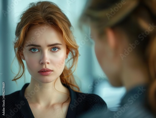 A businesswoman in resentment  glaring at a competitor in a modern office with a blank background  closeup shot  sharp focus  dramatic portrait style