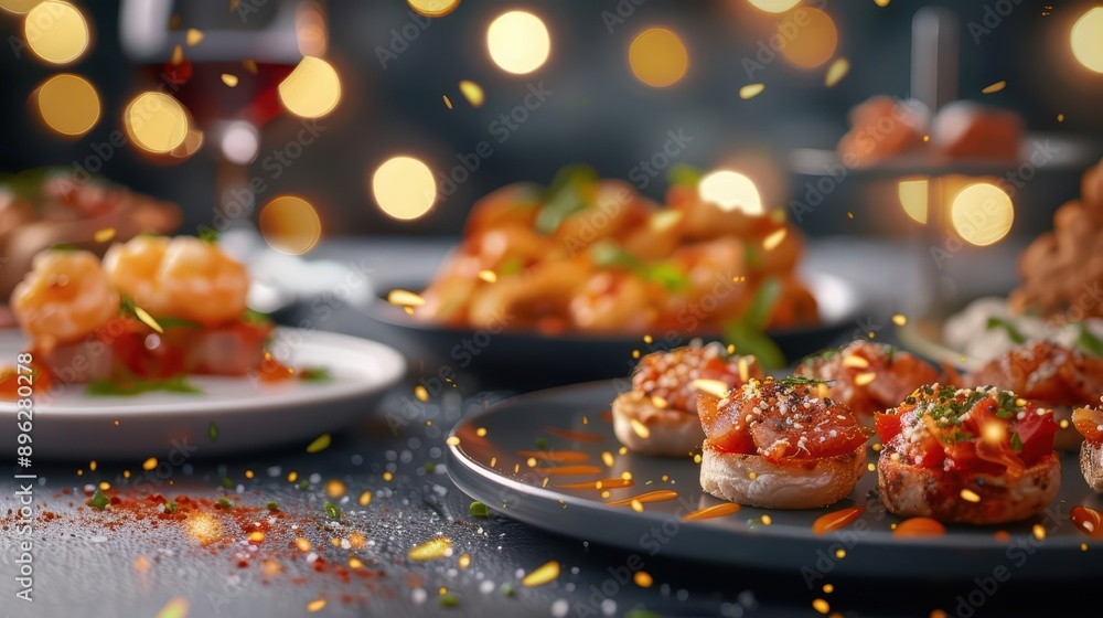 Tapas are depicted with radiant, bitesized delicacies arranged on luminous plates in an ultramodern, supernatural scene banner with copy space Tapas are depicted with radiant, bitesized delicacies arranged on luminous plates in an ultramodern, supernatural scene banner with copy space