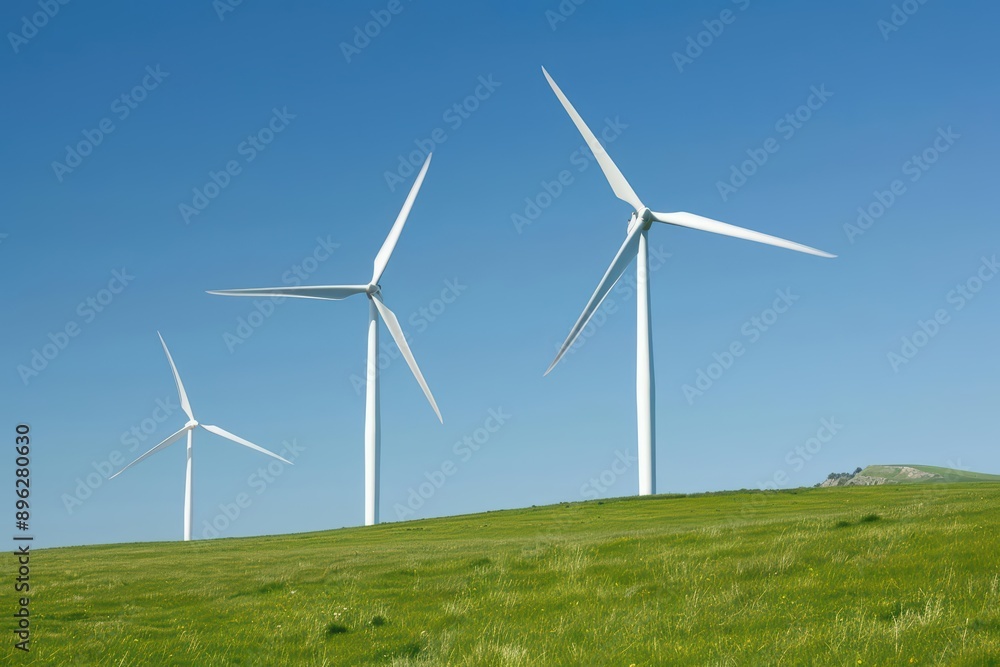 Wind turbines spinning gracefully in an open field, banner, with copy space Wind turbines spinning gracefully in an open field, banner, with copy space