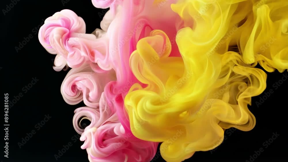 Pink and yellow ink swirls in a black liquid, creating a visually captivating abstract pattern. Pink and yellow ink swirls in a black liquid, creating a visually captivating abstract pattern.