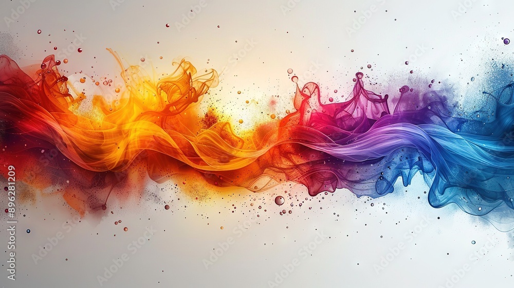 A vibrant wave of smoke on a white backdrop, featuring a splash of water to its left A vibrant wave of smoke on a white backdrop, featuring a splash of water to its left