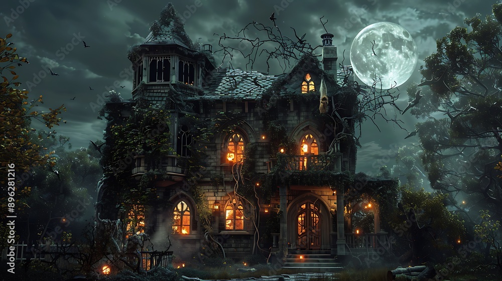 Fototapeta premium haunted house with flickering lights, overgrown ivy, and a full moon casting eerie shadows