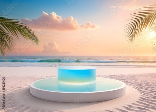 Frosted Acrylic Podium Delicate Translucent Beach Backdrop White Sands Waves
